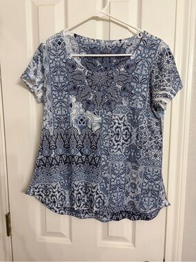 Style & Co. Blue Patchwork-Print Short Sleeve Top